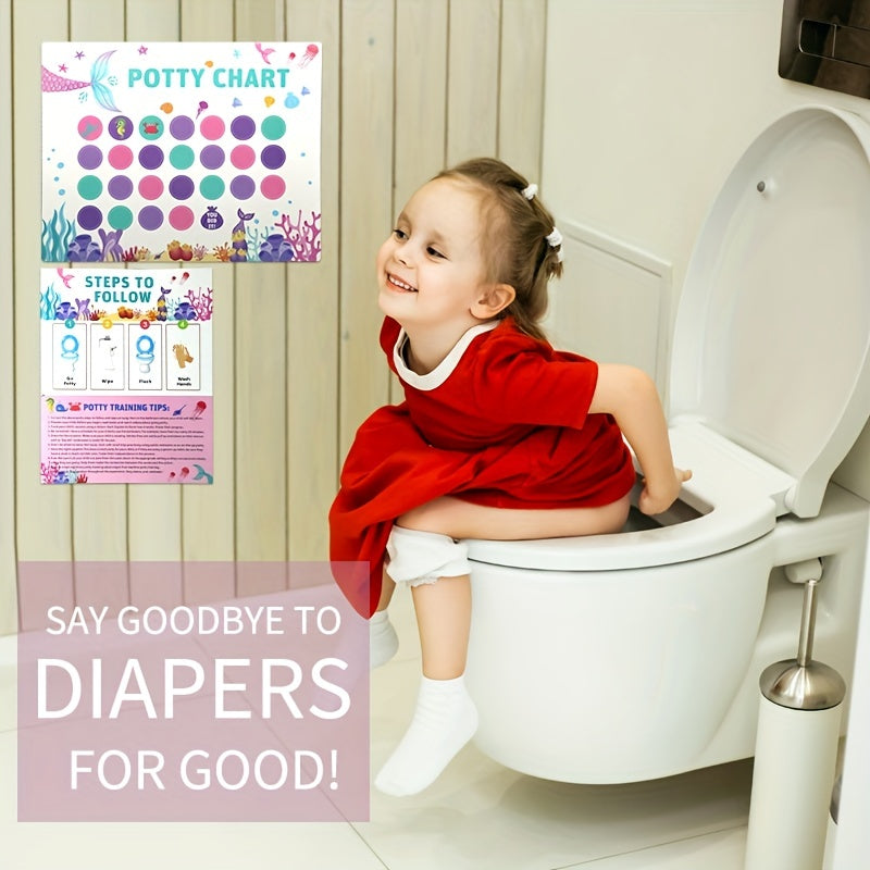 Sticker charts for children's toilet training featuring mermaid, car, and farm designs. Includes stickers for Christmas, Halloween, and Thanksgiving gift rewards.