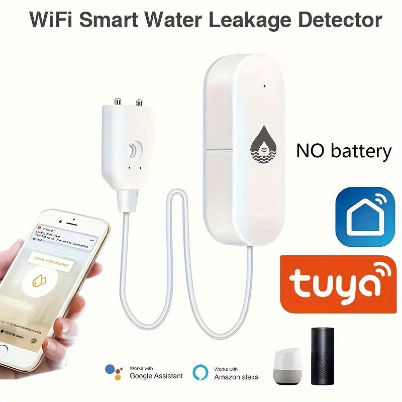 YFK Tuya Water Leak Detector is a wall-mounted WiFi smart sensor that is Alexa compatible and battery-free, with a 36V max voltage. It provides home flood protection and can be controlled