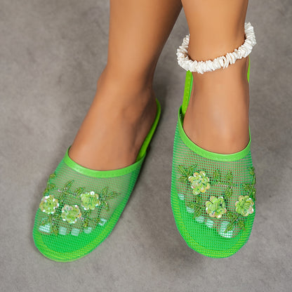 Women's Fashion Beaded Floral Slides - Lightweight Summer Indoor Shoes with Breathable Mesh, Almond Toe & EVA Sole