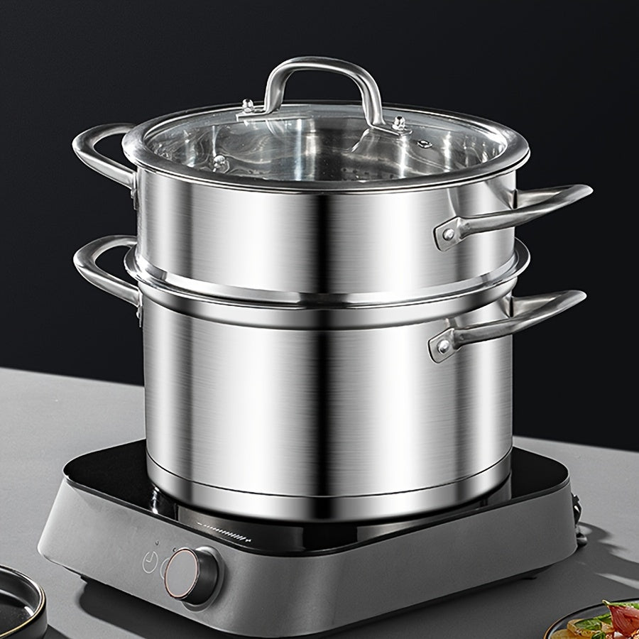 This 3-piece set of stainless steel steamer pots comes with a separate steamer basket, perfect for versatile soup and steam cooking. The pots feature a triple layer composite bottom for even and quick heat distribution, with a one-piece die-cast design.