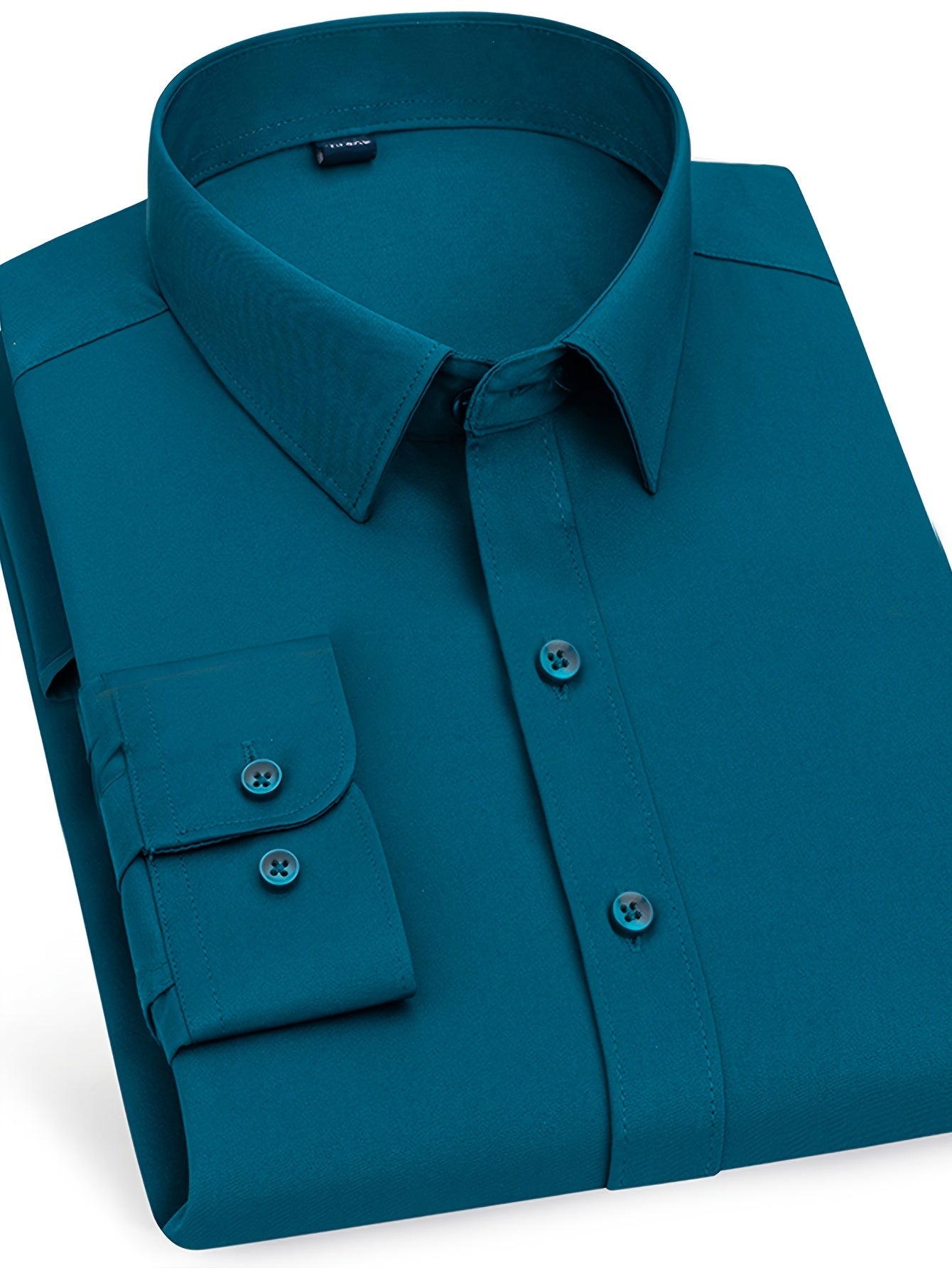 2 Men's work style polyester dress shirts in solid colors, regular fit with button details and lapel collar.