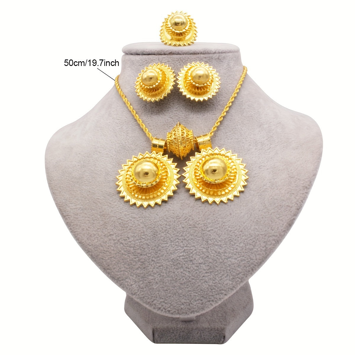 Luxury jewelry set includes four pieces: a necklace, earrings, and a ring plated in multiple colors. Perfect for evening parties and traditional bridal accessorizing. Choose from a variety of colors.