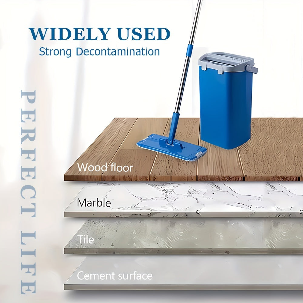 Get your hands on the Flat Mop and Bucket Set, featuring a convenient wringer for easy cleaning. This 2-in-1 system is perfect for both dry and wet cleaning, with reusable microfiber pads that are gentle on laminate, hardwood, and tile floors. No