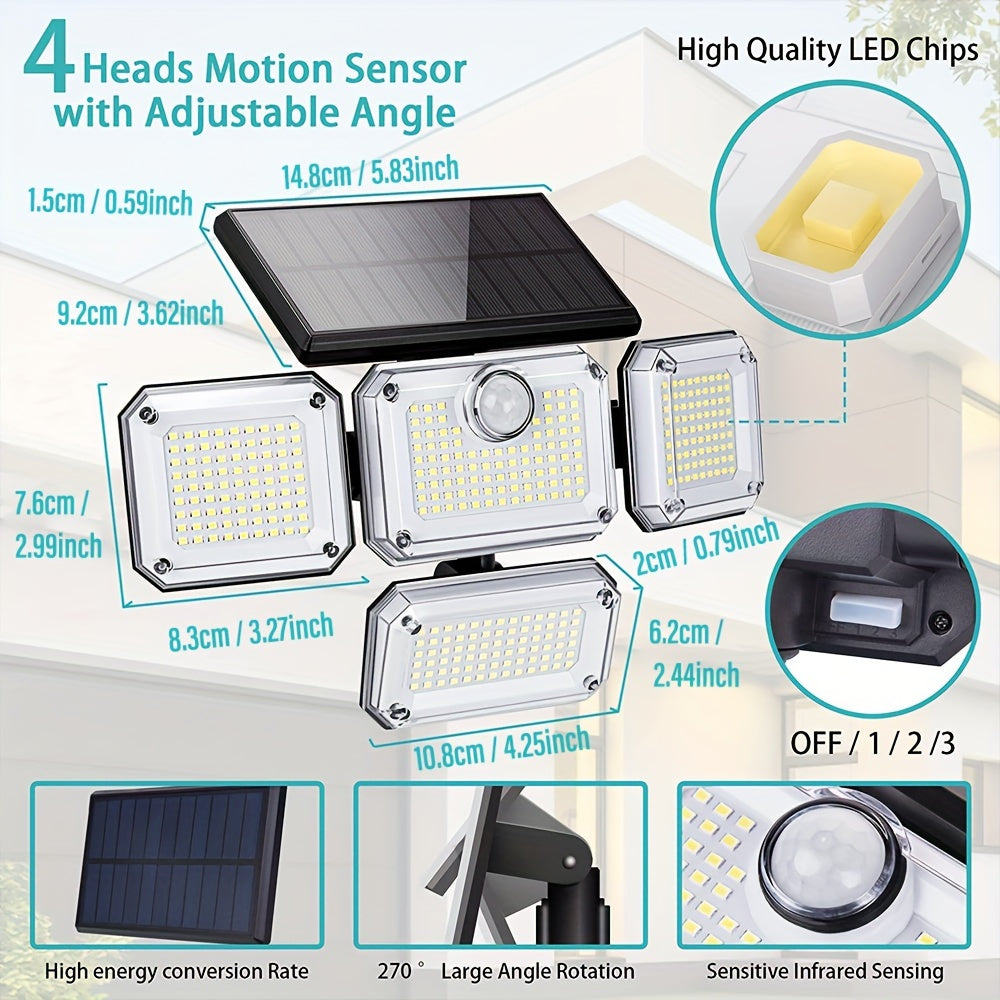 Solar-powered outdoor light with 333 LEDs, motion sensor, remote control for 3 modes, and 4-head design for patio, garage, porch, yard.