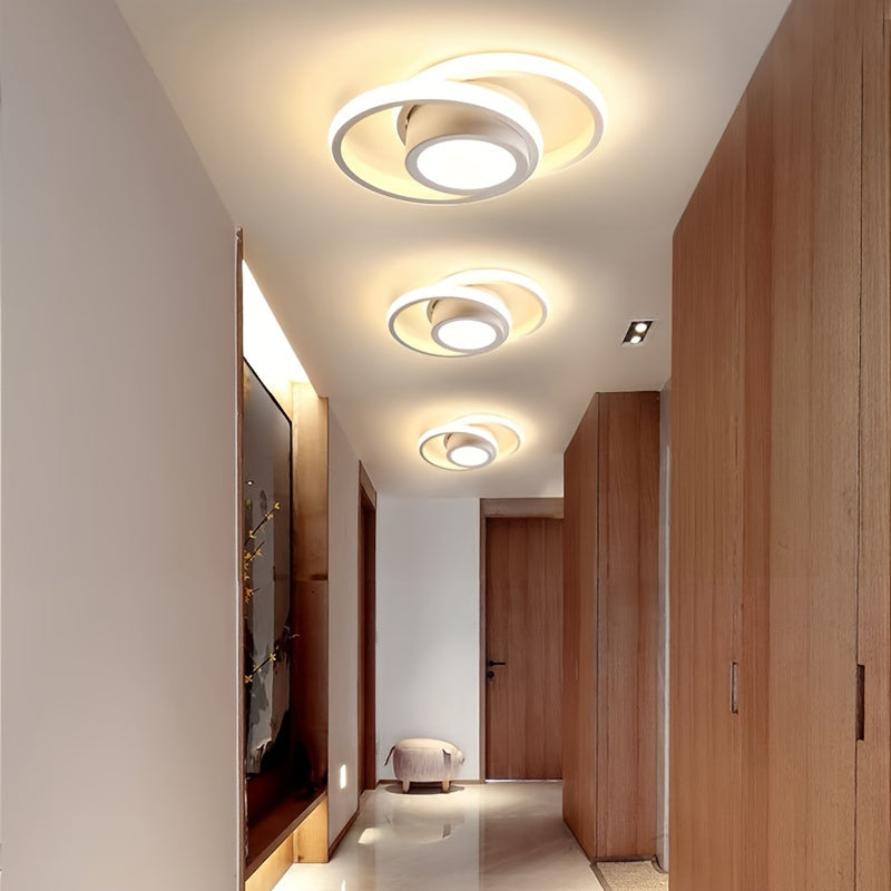 Contemporary LED ceiling light in sleek black design with dual-light source. Energy-efficient and durable, suitable for bedroom, bathroom, and kitchen. Features wide voltage range, 3-color