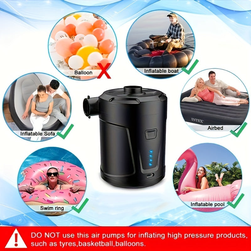 Portable dual-purpose electric pump for swimming pool, air mattress, etc. - 5200mAh rechargeable battery, black.