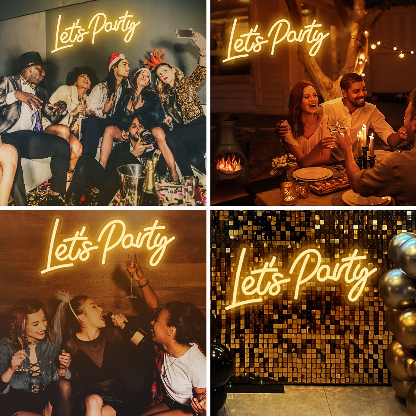 Neon 'Let's Party' sign ideal for festive wall decor in homes, offices, weddings, and holiday parties, powered by USB.