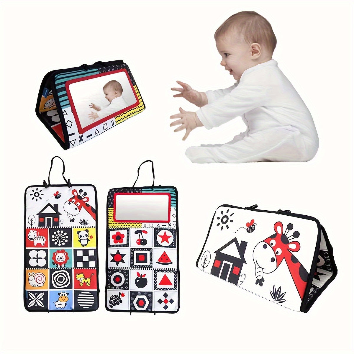 HOTMIR Youngsters Tummy Time Book Toy - Colorful Cloth Play Mat with High-Contrast Designs, Crinkle Sounds, and Brain-Boosting Features - Red/Black, HOTMIR