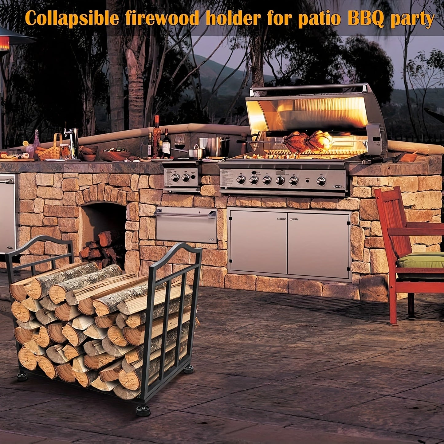 Durable Metal Firewood Rack, Foldable for Easy Storage, Ideal for Indoor/Outdoor Fireplaces, Adjustable with Cushions, Compact Deck Firewood Organizer.