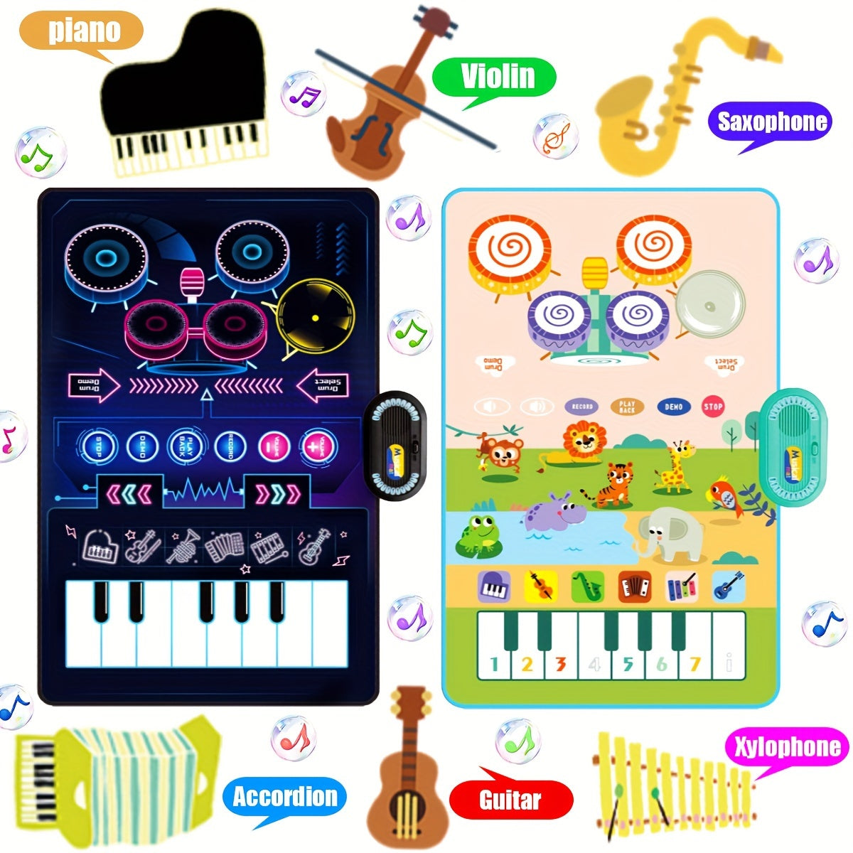 Interactive 2-in-1 Musical Play Mat & Drum Set for Youngsters - Educational Piano Keyboard Toy with Colorful Sound, Dual Instruments, Durable Polyester, Battery Operated, Random Colors