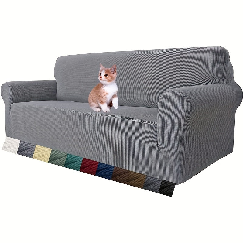 Jacquard fitted sofa slipcover with elastic band, machine washable polar fleece fabric. Compatible with various sofa sizes. Protects furniture from dust and cat scratches.