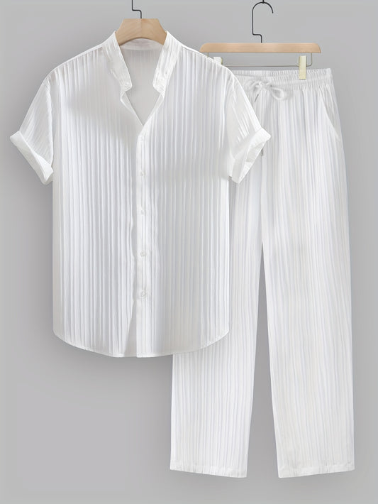 Plus size men's summer casual outfit: stand collar shirt and drawstring pants for beach vacation leisure style.