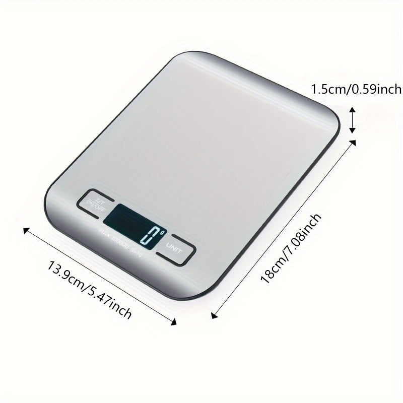 22lb/10kg capacity digital kitchen scale with grams & ounces display, tare function, stainless steel design, easy to clean. Ideal for baking, cooking, coffee weighing, and postage.