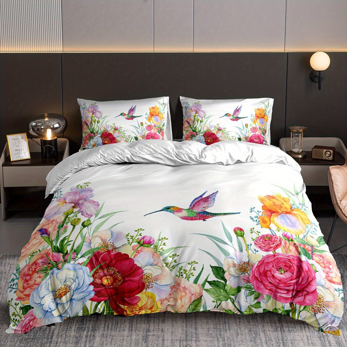 Set of 3 Duvet Covers with Floral Bird Print, Soft and Breathable Bedding Set for Bedroom or Guest Room. Includes 1 Duvet Cover and 2 Pillowcases (Does not include core).