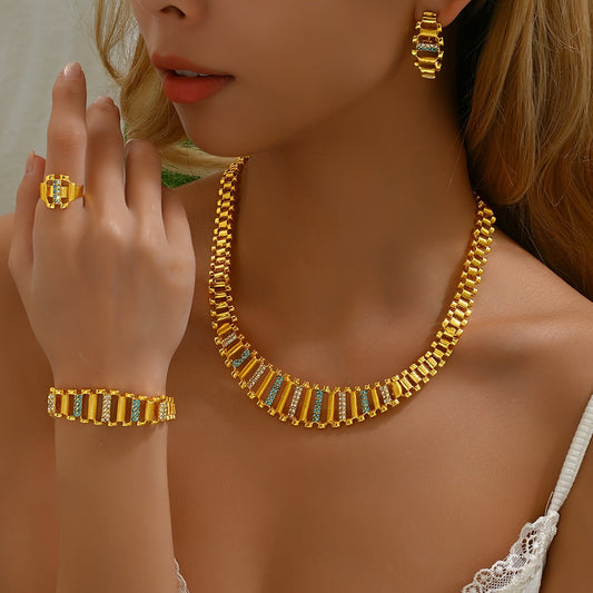 Jewelry Set with 5 Pieces, Featuring Elegant Minimalist Design in Various Colors, Includes Necklace, Earrings, Ring, Bracelet, Vintage-style Accessories for Women.