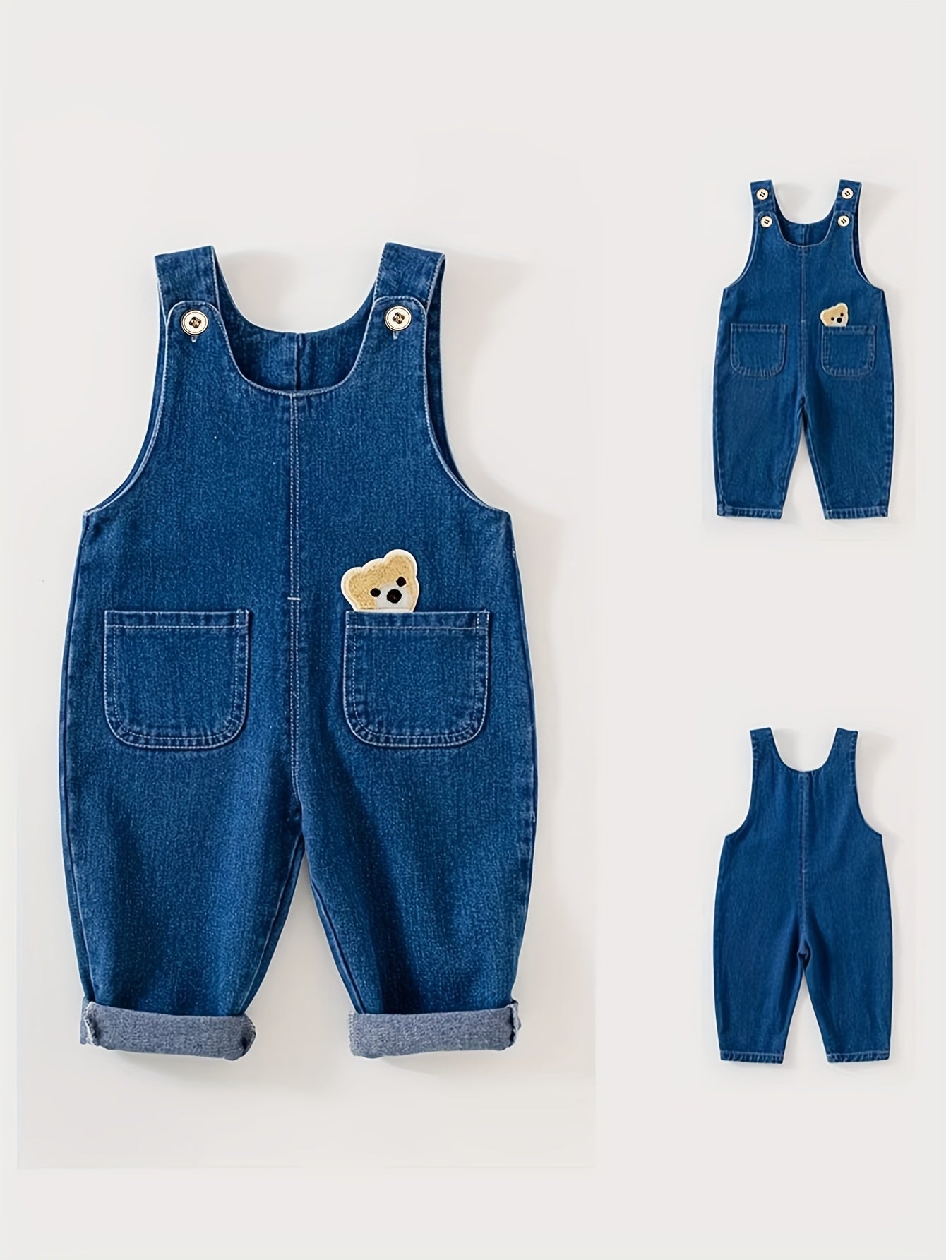 Children's denim overalls with animal pocket detail, made from a cotton blend fabric. Ideal for spring and fall seasons, this unisex toddler jeans romper is perfect for outdoor play.