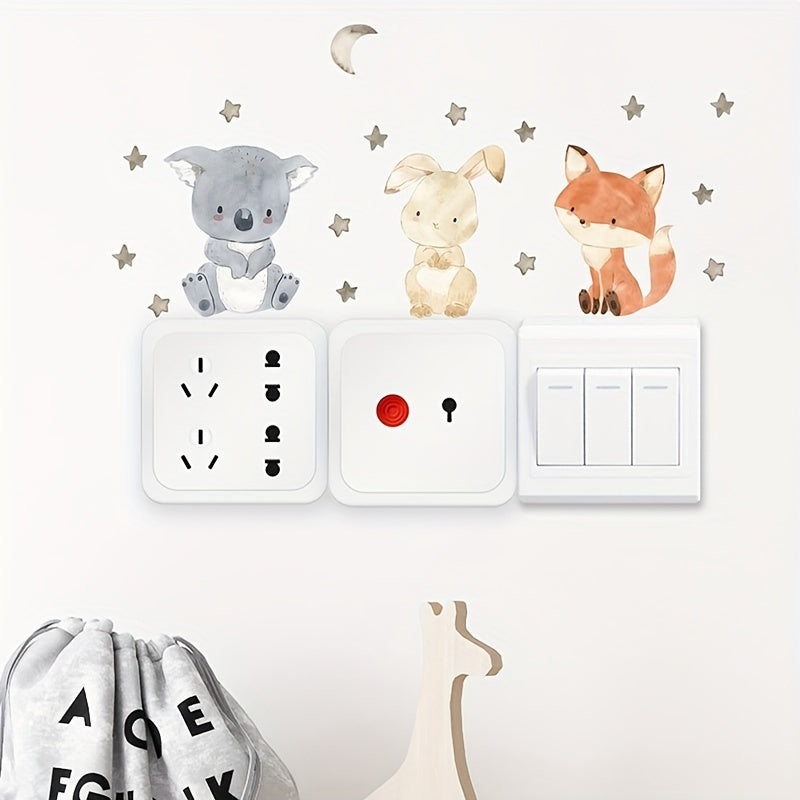 Decorate your room with 12 adorable cartoon animal switch stickers featuring lions, elephants, and rabbits. These bohemian wall stickers are perfect for adding a touch of cuteness to your space. They can be used on windows, doors, or any smooth surface