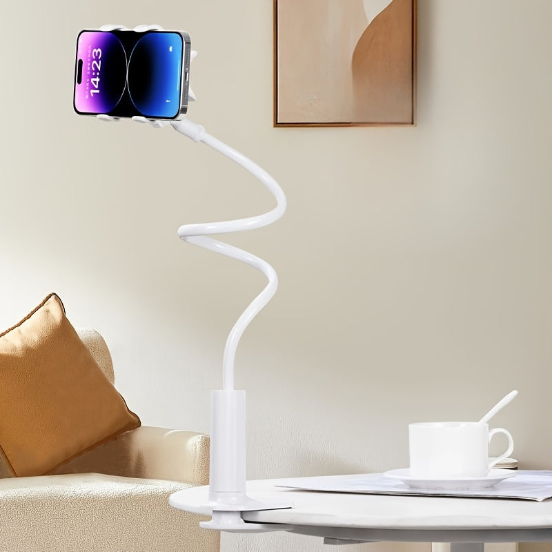 360° rotating phone holder stand with gooseneck, dual clamps, and spiral base. Compatible with smartphones and tablets for bedside and desk use.