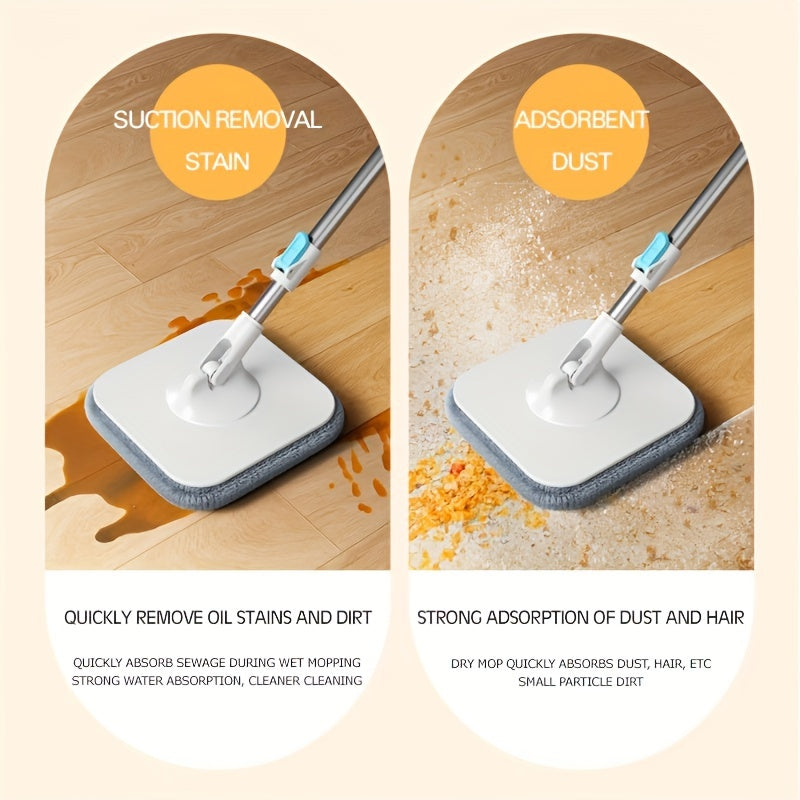 This versatile 360° Rotating Square Mop and Bucket Set includes 2 extra replacement heads for hands-free cleaning. Suitable for both wet and dry use on hardwood, tile, and marble floors, it is perfect for keeping your home, kitchen, and bathroom