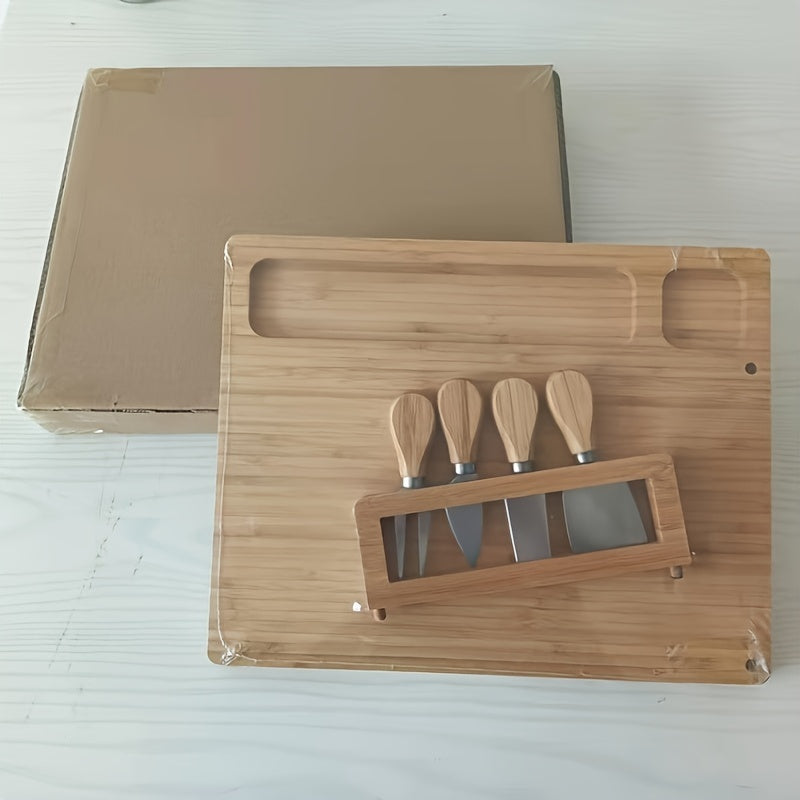 Versatile bamboo cheese board set with knife for festive occasions – perfect for serving cheese, fruit, and nuts.