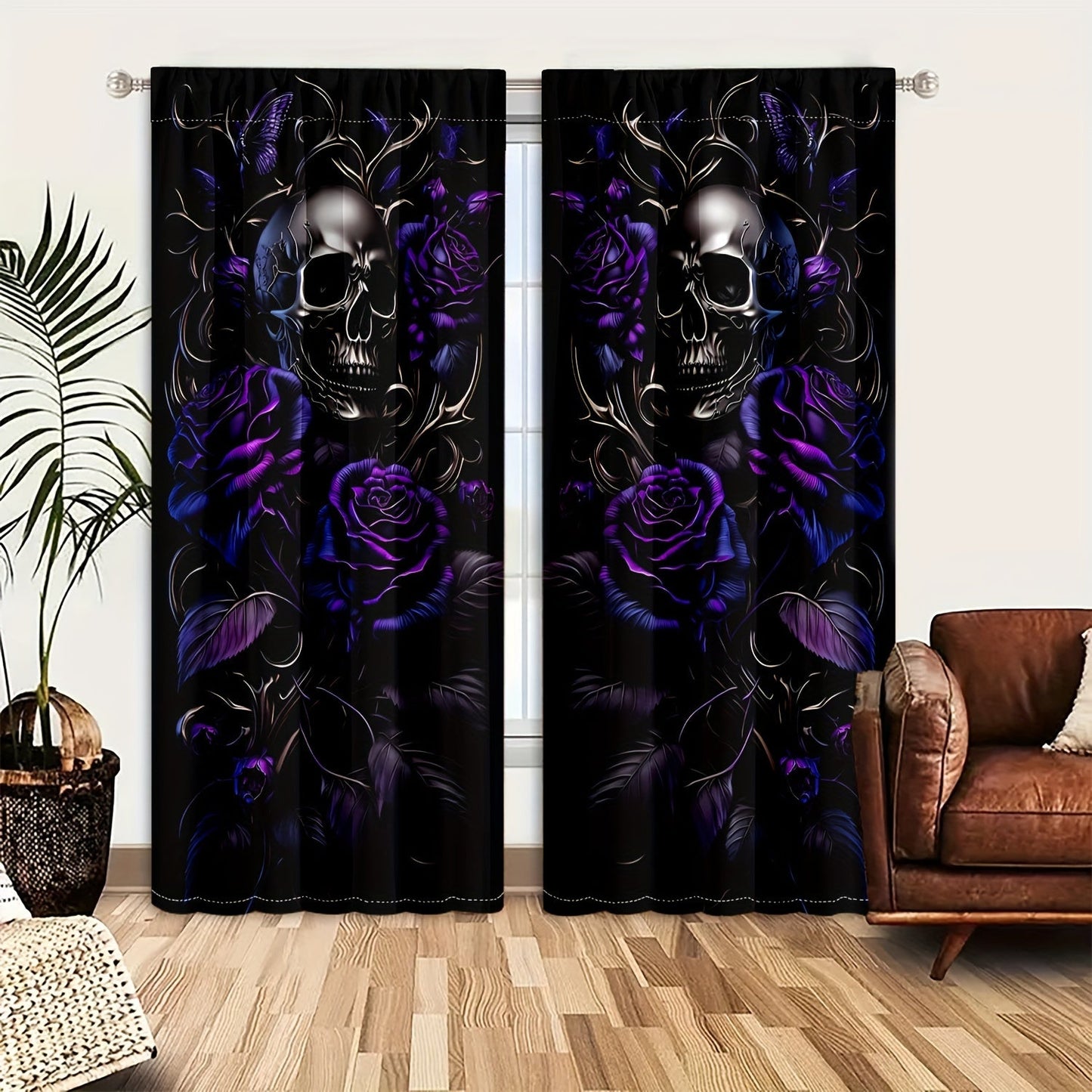 Semi-Transparent Halloween Skull & Butterfly Chrysanthemum Curtains - Set of 2, Privacy-Protecting Drapes for Living Room and Bedroom Decoration