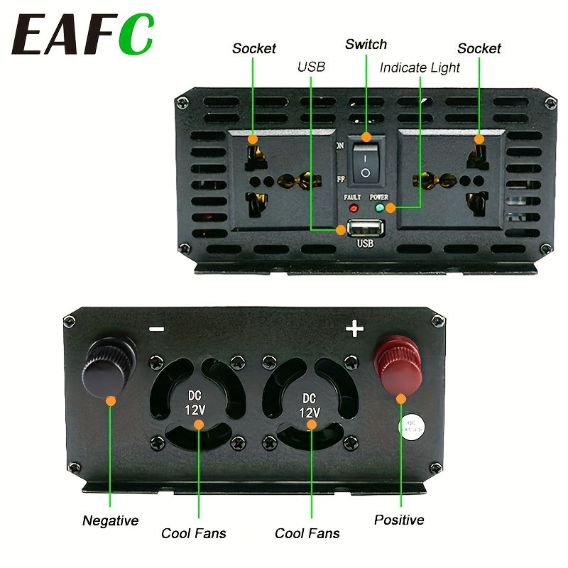 EU Plug Automotive Power Converter, 3000W Peak Power, 1500W Continuous Power, DC 12V to AC 220V, Portable Inverter Car Power Bank.