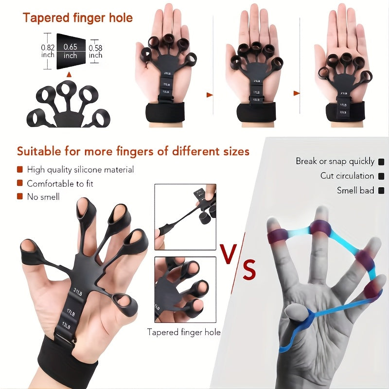 Silicone finger trainer and wrist strengthener with 5-finger cutout design for basketball training.