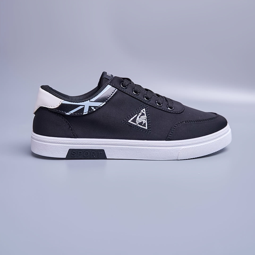 Men's black skate shoes with breathable canvas upper, non-slip sole, and versatile lace-up design for outdoor activities and casual wear.