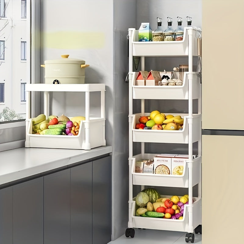 Compact 5-tier storage organizer for kitchen and office, made of durable plastic.