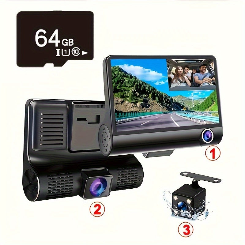 YiXingjia HD 3-Lens Dash Cam with Night Vision offers front, interior, and rear views, suction cup mount, loop recording, and reversible image.