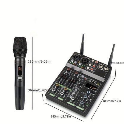 4-Channel Audio Mixer with UHF Mic System for Stage, Karaoke, and Live Performances – USB Powered, Alloy Construction, Black, Includes 2 Microphones and Phantom Power Supply, Mic Accessories