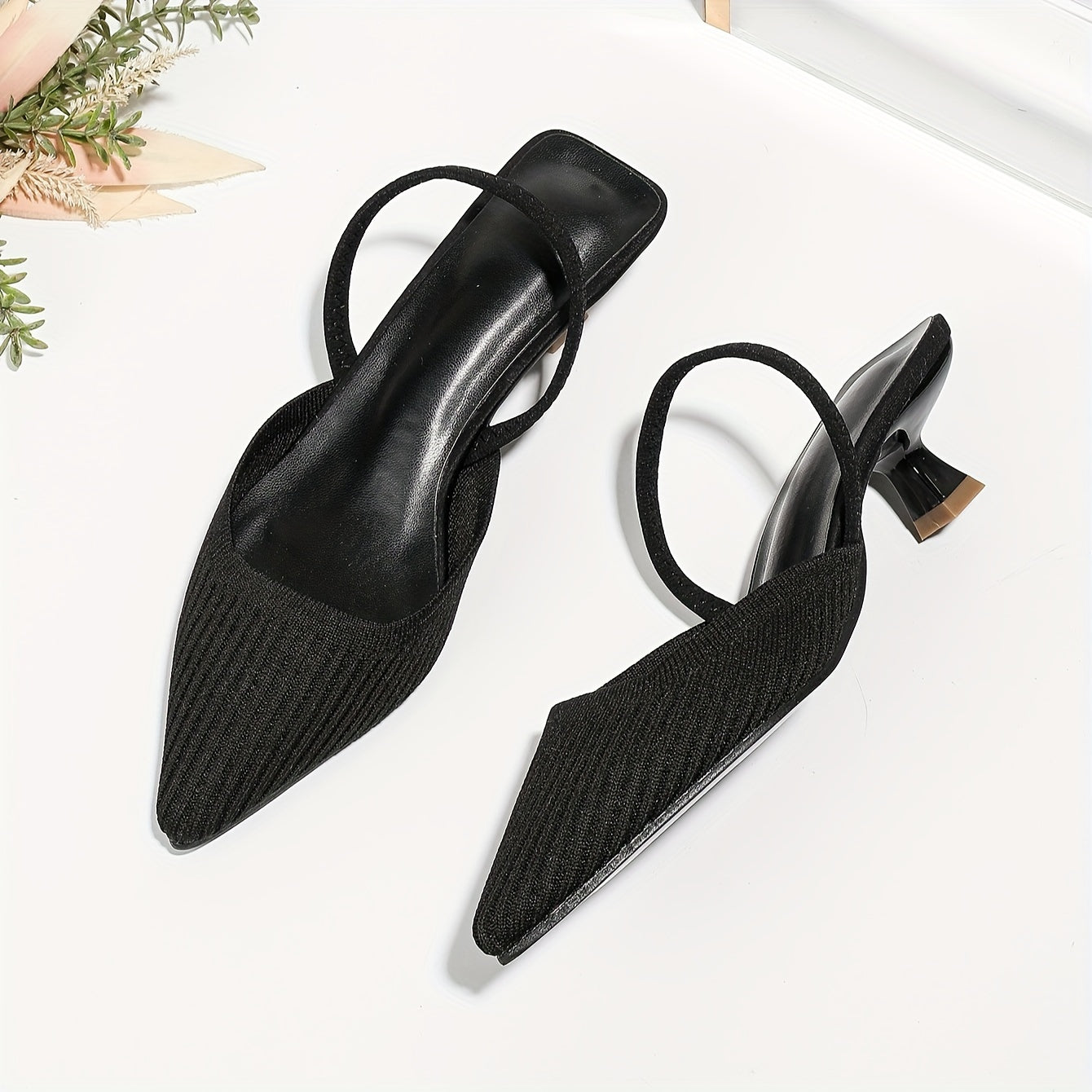 Solid color knit mules for women with flared heel and slingback style, featuring a trendy point toe design for comfort.