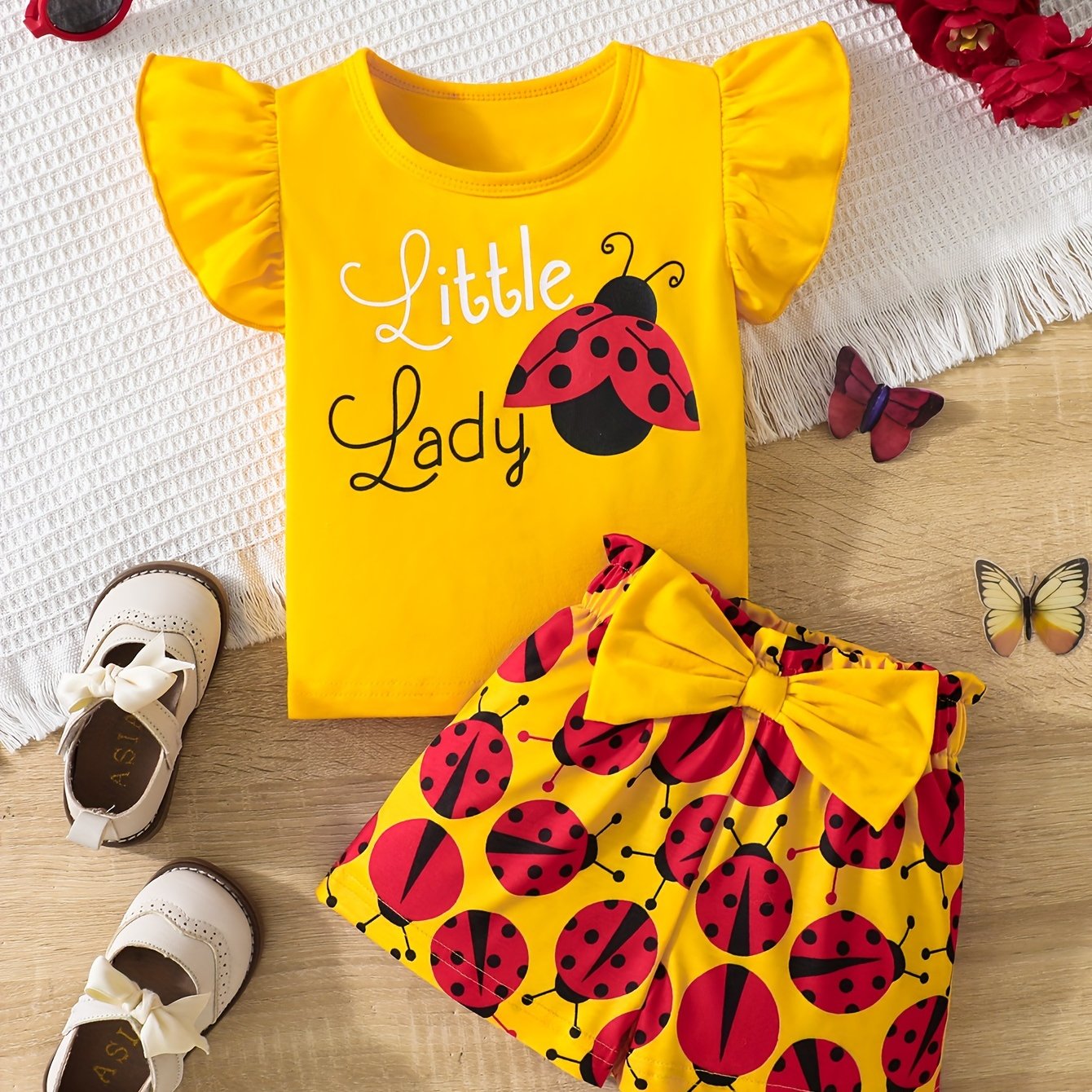 Ruffle sleeve graphic tee and ladybug shorts set for baby girl, perfect casual summer outfit.