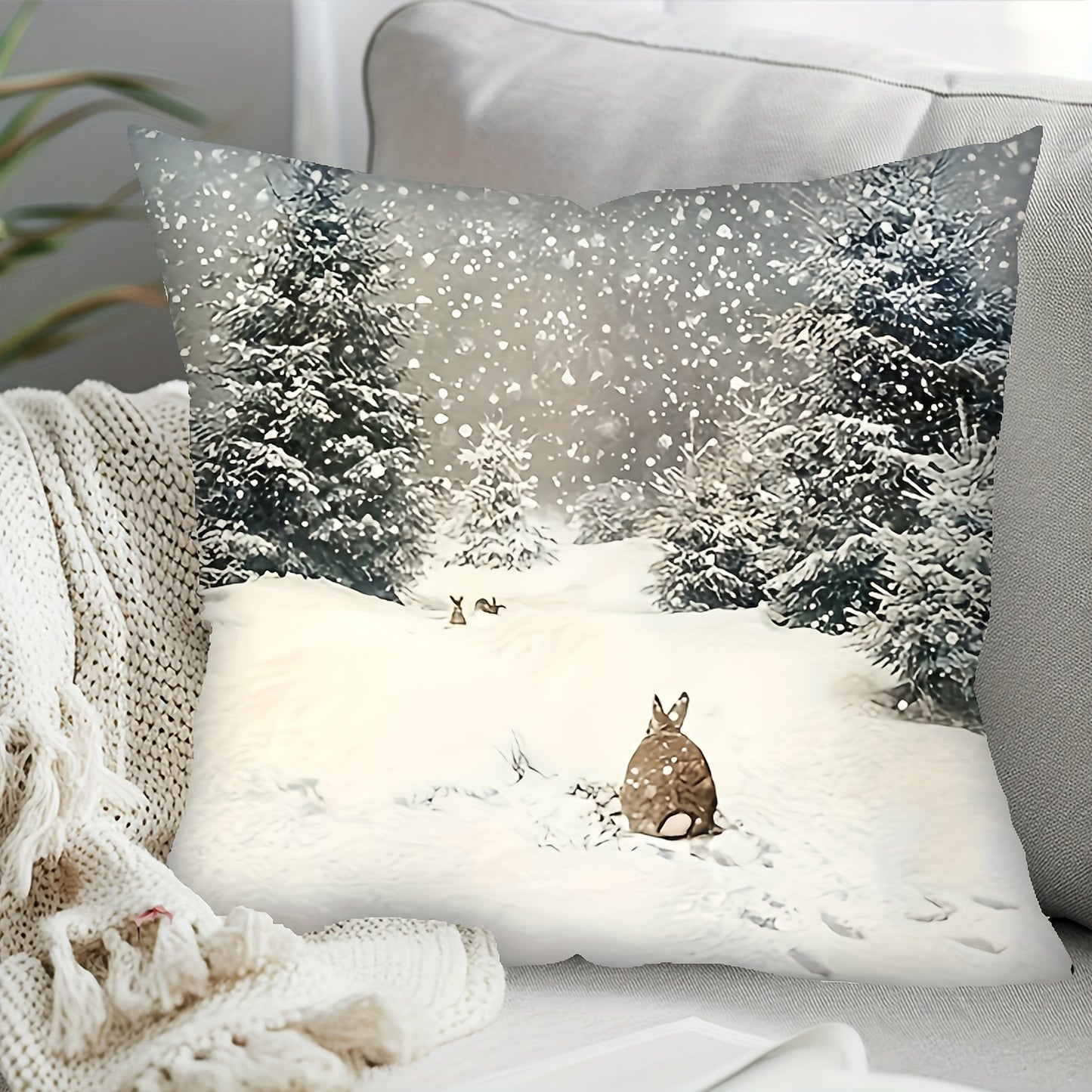 1pc Christmas pillowcase featuring a snow-capped winter landscape with a rustic pine white rabbit design, ideal for farmhouse-style home décor in bedrooms, living rooms, sofas, terraces, and porches. Measures 45.72 * 45.72 cm and does not include pillow