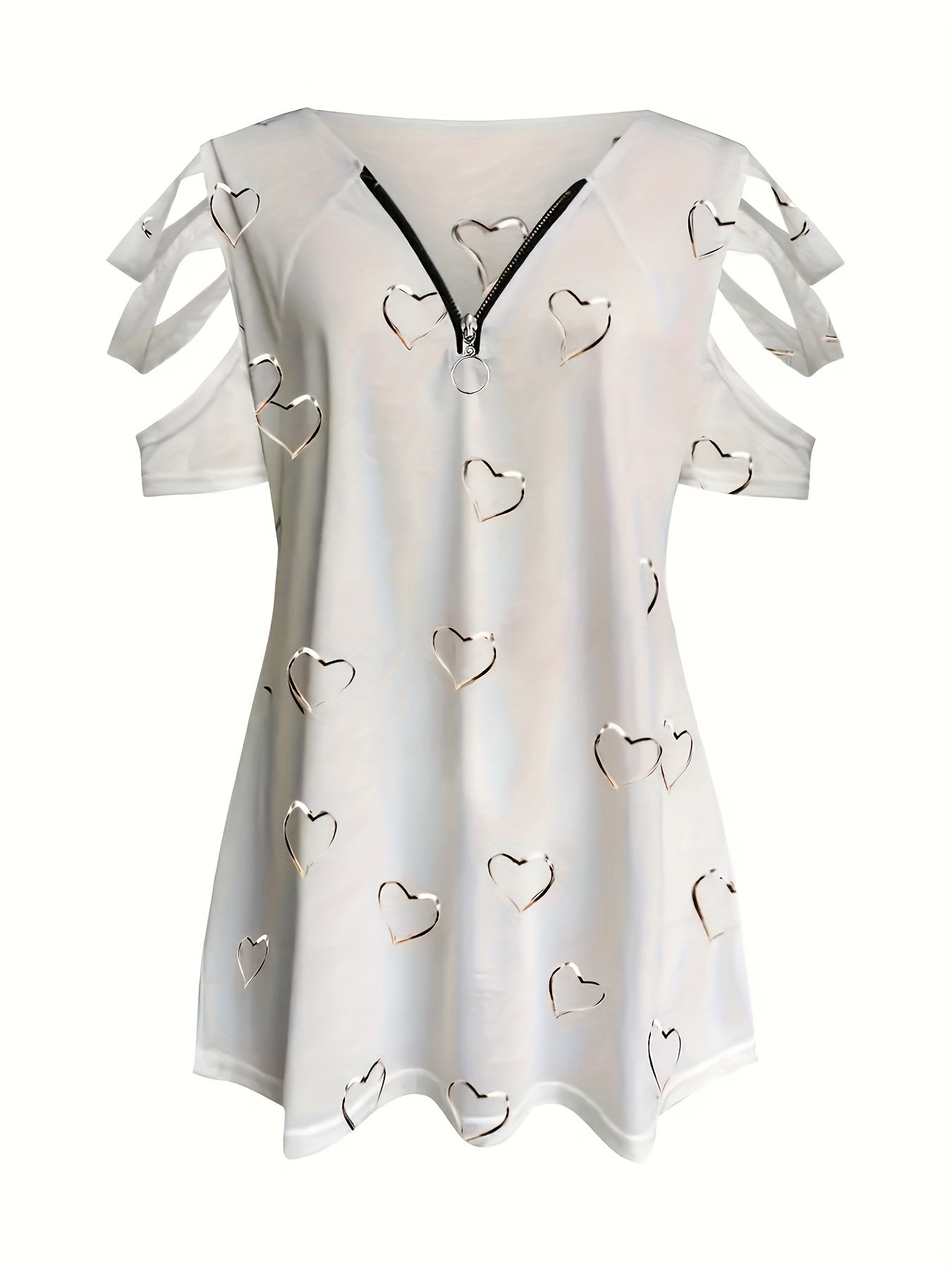 Casual women's T-shirt with large heart-shaped print, zipper short sleeves, and V-neck with elasticity.