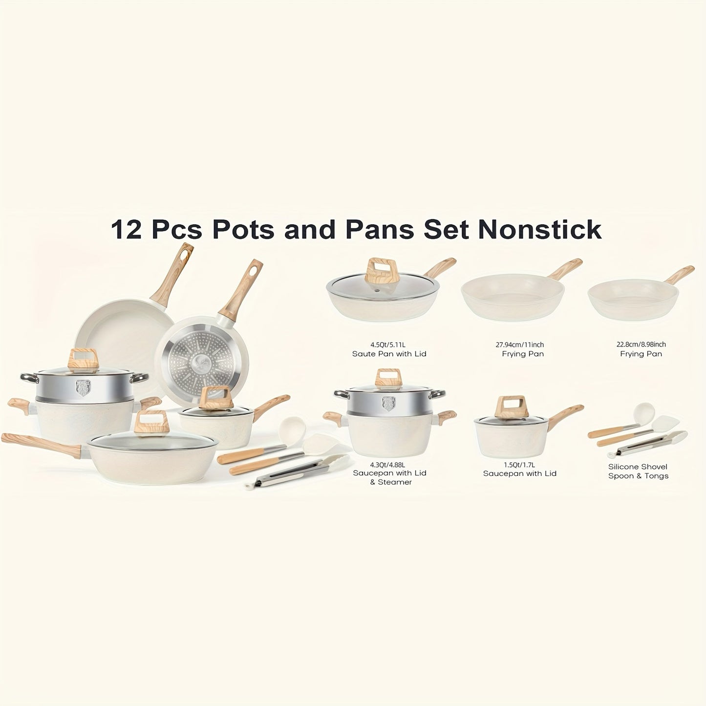 Non-Stick Cookware Set includes 12 pieces of aluminum pots and pans, suitable for induction cooking. They are dishwasher and oven safe, and come with detachable handles. An essential cooking equipment set.