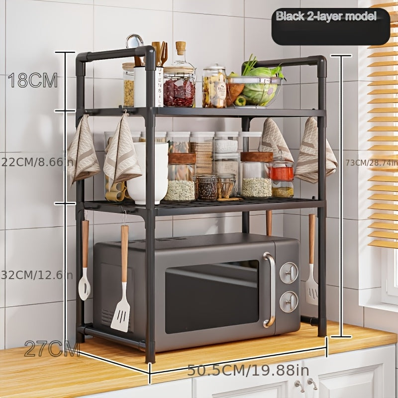 Get organized with our 1pc Kitchen Organizer Rack! This open-storage metal rack features handles and hooks, making it perfect for storing kitchen essentials. Use it as a multipurpose microwave stand, oven and toaster shelf. Made with durable plastic and