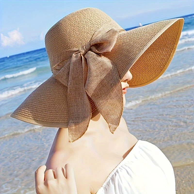 2-piece set: Women's Wave Khaki beach sun hat and woven shoulder bag, ideal for spring/summer beach trips.