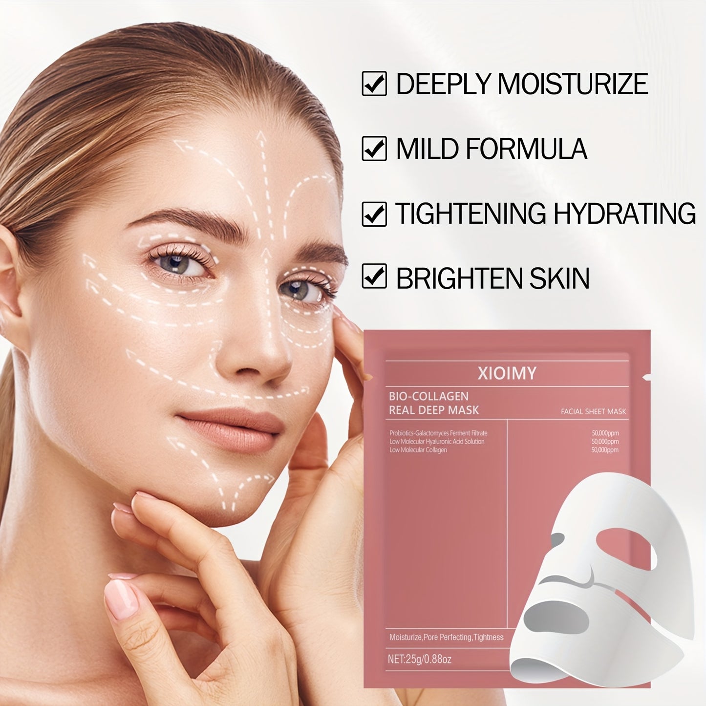 The 3pcs Biological Collagen facial mask deeply moisturizes skin, leaving it more hydrated, delicate, and bright. Rich in collagen and hyaluronic acid, it helps to banish dry, dull, and