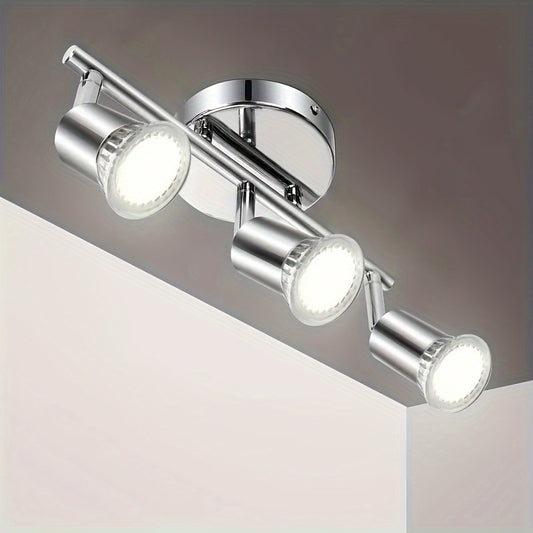 1pc 3-light track lighting in chrome with rotatable head and GU10 LED bulbs, suitable for indoor use in living rooms, hallways, and studios. Bulb not included.