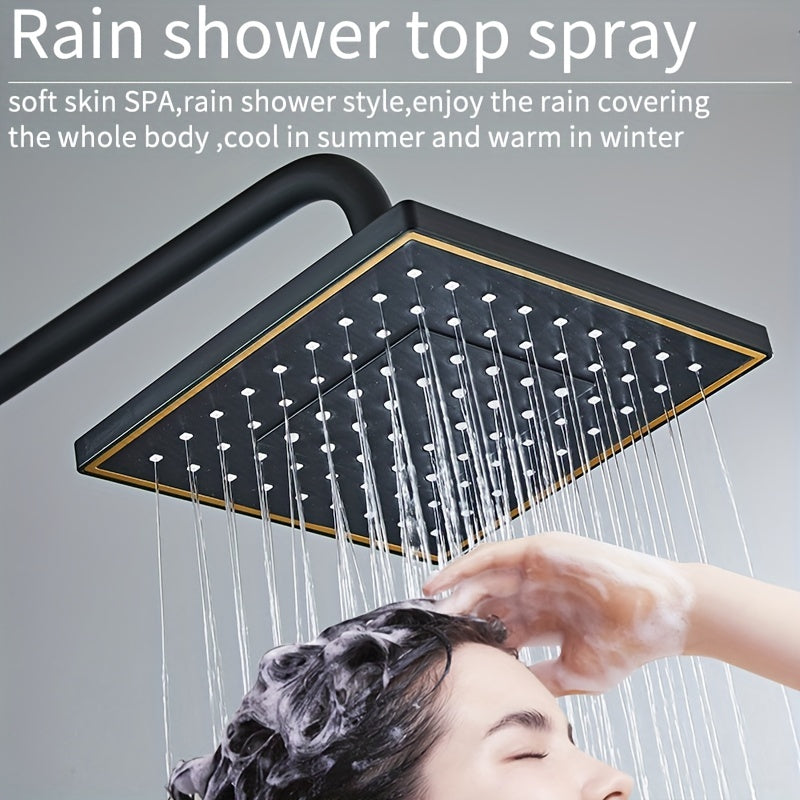 Modern black and gold bathroom shower system with rain showerhead, handheld, tub faucet, and hot/cold water mixer. Made of luxurious brass.