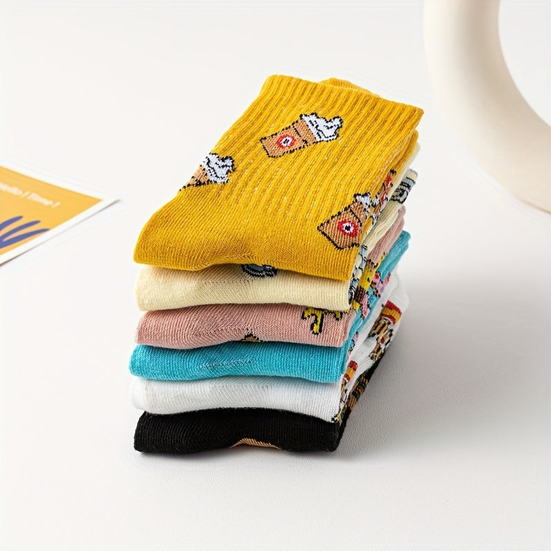 Cute and funny cartoon food print socks for women, 6 pairs in mid-tube style.