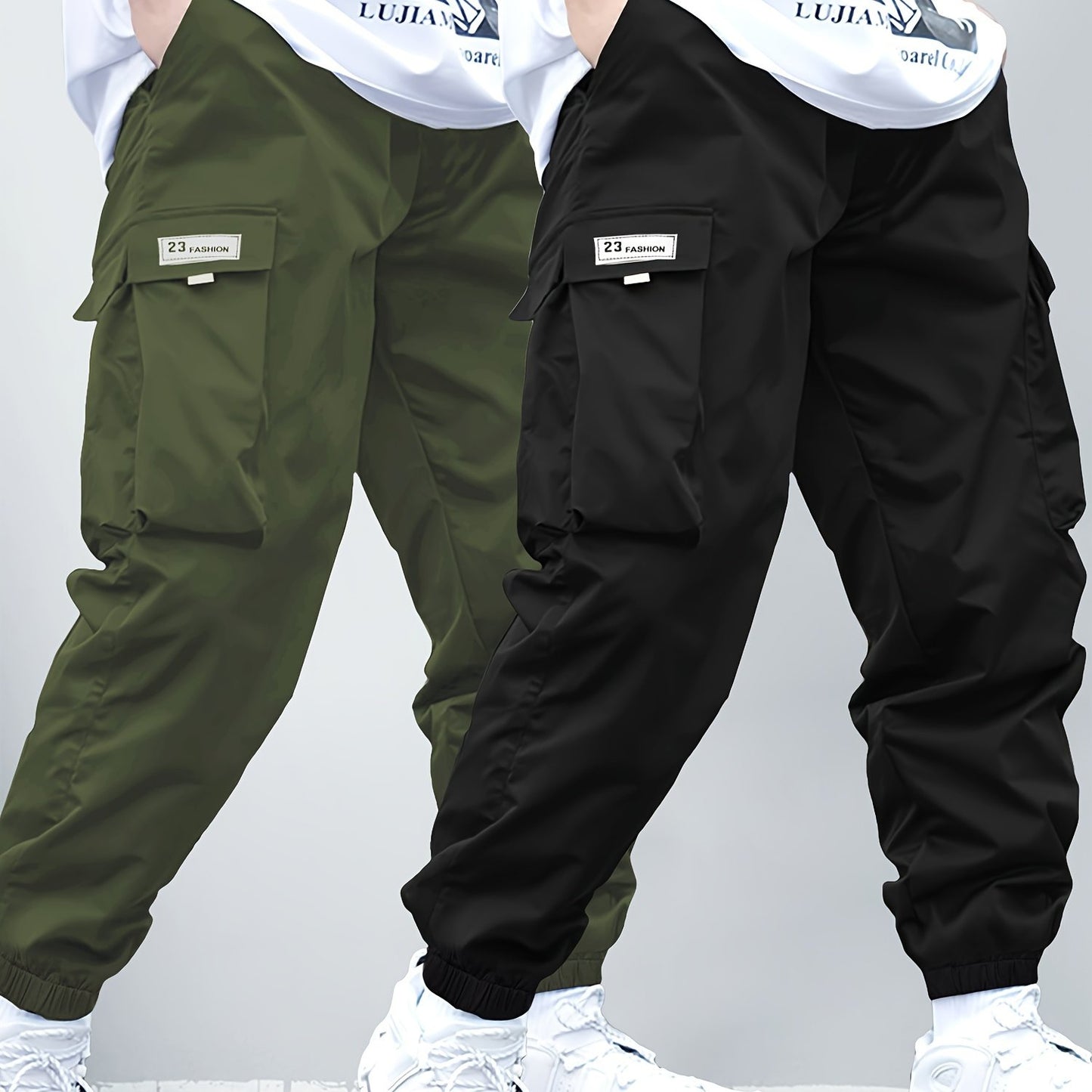 Boys' casual cargo pants with elastic waistband and multi-pocket design in durable polyester, suitable for all seasons and outdoor activities.