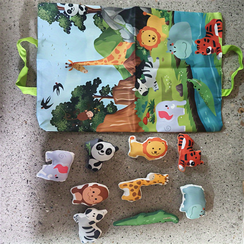 Cloth car toy for toddlers with storage bag, featuring sound paper and transportation-themed design.