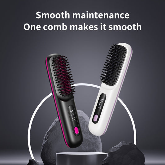 Portable and lightweight USB rechargeable wireless hair straightener with 3-speed temperature adjustment and negative ion technology. Features anti-scald design with LED display, perfect