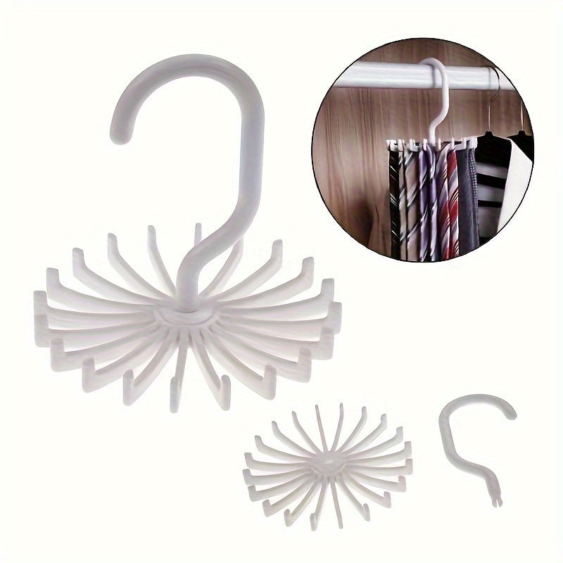 This versatile rotating clothes hanger is ideal for organizing scarves, belts, and everyday clothing. Simple to set up and great for hanging coats and hats. Made of durable plastic with a sleek, wall-mounted design.