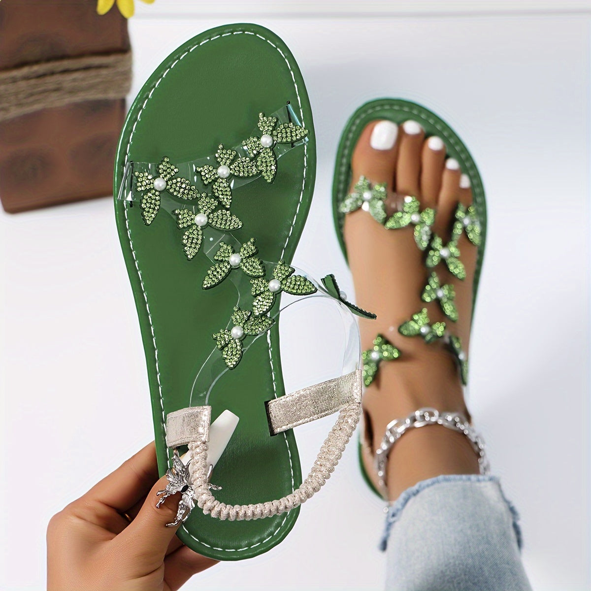 Women's Rhinestone Butterfly Flat Sandals, Open Toe Summer Shoes, Elastic Band Sandals