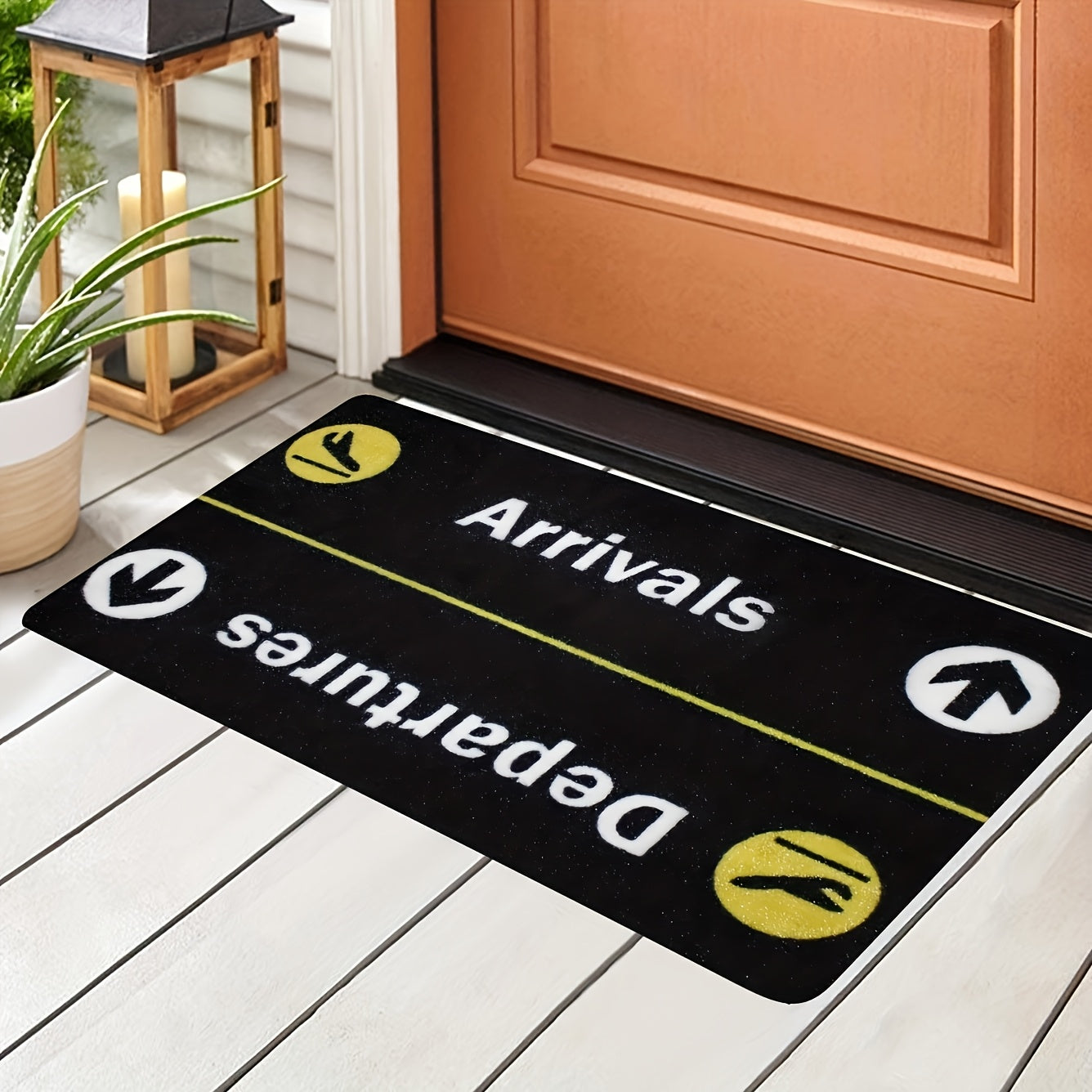 Arrivals Departures Flight Theme Doormat - Non-Slip, Stain-Resistant Polyester Mat with Braided Weave, Medium Pile, PVC Backing, Machine Washable, Rectangle Shape, Perfect for Home Decor, Easter & St. Patrick's Day, 1 Piece