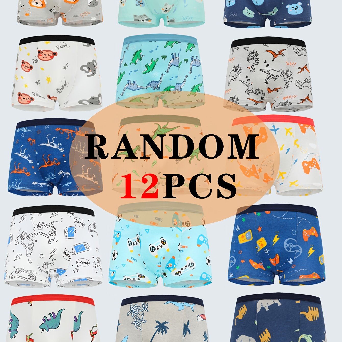 Pack of 12 boys' pure cotton boxer underwear with cute cartoon car pattern and dinosaur print. Comfortable, breathable, and soft.