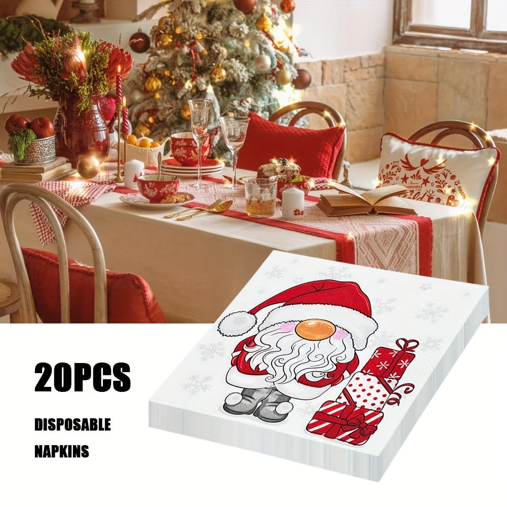 Set of 20 Santa Claus Christmas napkins, perfect for holiday parties and restaurants. These 3-ply disposable paper towels are soft and festive, measuring 24.99cm square. Add a touch of Christmas decor to your gatherings!